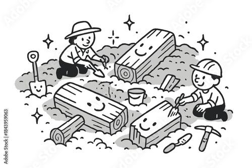 Cheerful Archeological Excavation. Playful doodle archaeological timber excavation with happy workers, cartoon beams with smiling