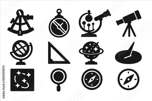 Astronomical Instruments Icons. Solid style icons of Astronomical Instruments: Sextant, Astrolabe, Orrery, Telescope, Armillary