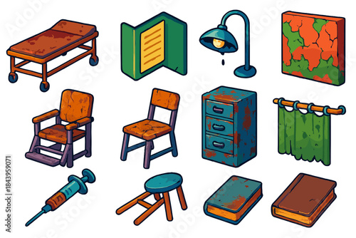 Forgotten Asylum Icons. Isometric vector illustration set Forgotten Asylum: wheeled gurney, folded medical chart, desolate