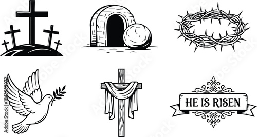 Line art religious icon set close up six easter symbols including hill of crosses empty tomb crown of thorns dove draped cross he is risen banner