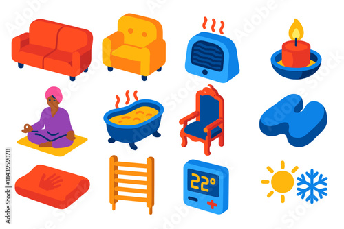 Comfort Icons Collection. Isometric vector illustration set Comfort: sofas and chairs, heating technologies, cultural comfort