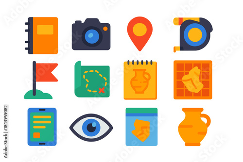 Archaeology Icon Set. Flat vector icons of archaeological site documentation: field notebook, camera, GPS marker, measuring tape,