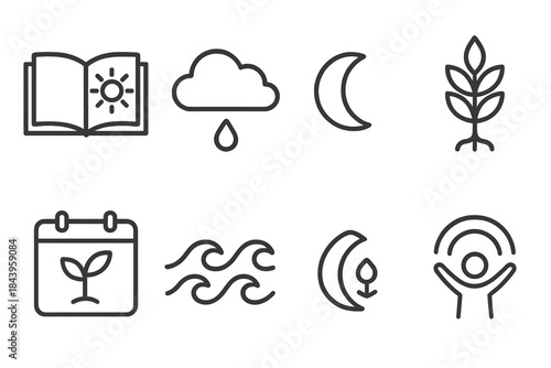 Rural Wisdom Icons. Line style icons of Rural Wisdom: Weather Forecast, Planting Schedule, Tide Chart, Folk Knowledge; Sun, Cloud,