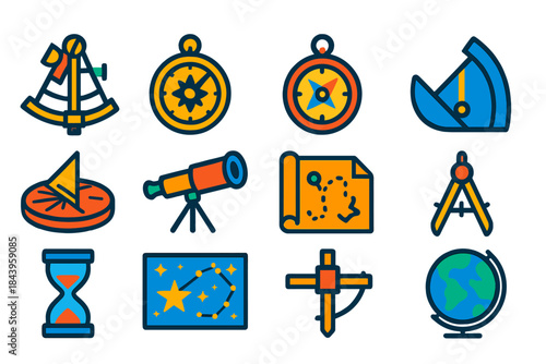 Flat Navigation Tool Icons. Flat vector icons of Navigation Tools: sextant, astrolabe, compass, quadrant, sundial, telescope, map