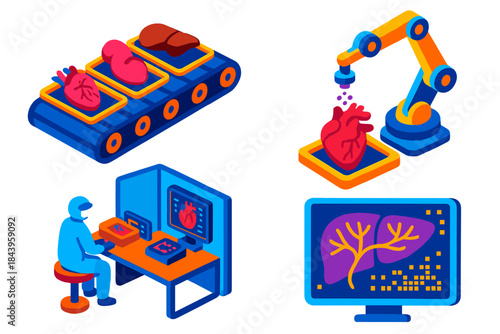 Futuristic Organ Factory. Isometric vector illustration set Future Organ Factory: Conveyor with organ trays, robotic arms with