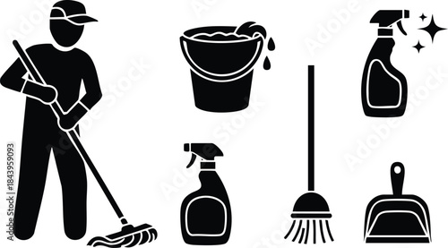 Flat design silhouette icon set showing janitor mopping in profile with wet bucket spray bottle broom and dustpan icons on white background minimalist monochrome studio lighting