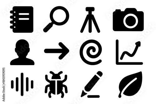 Experimental Observation Icons. Solid style icons of experimental observation and recording: notebook, magnifying glass, tripod,