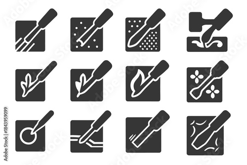 Engraving Technique Icons. Solid style icons of Engraving techniques: line etch, stippling, crosshatch, relief carving, intaglio,