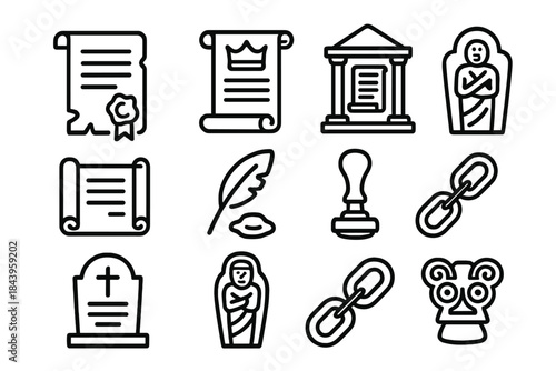 Ancient Document Icons. Line style icons of Ancient Documents: Broken Seal, Royal Decree, Tomb, Forgotten Lineage; Scroll, Quill,