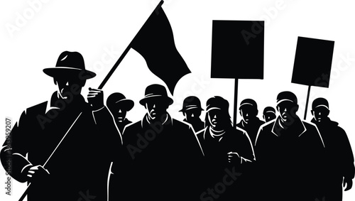 Silhouette vector low angle view of marching protest crowd led by flag bearer holding banner and placards against bright background stark high contrast political demonstration scene