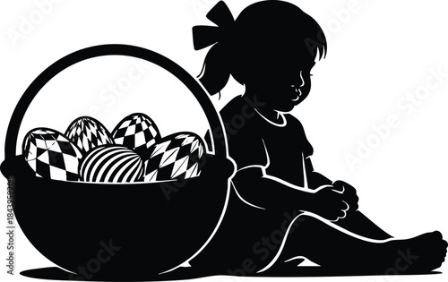Silhouette vector side view little girl with hair bow sitting holding egg next to a woven basket filled with patterned eggs spring easter high contrast playful