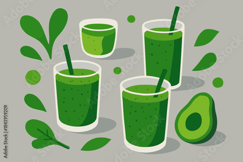 Green Smoothie Elegance. Abstract composition of fresh green smoothies in glasses on a gray textured surface, vibrant and clean