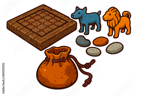Ancient Board Games Icons. Isometric vector illustration set Ancient Board Games: Weathered wooden board, hand-carved animal
