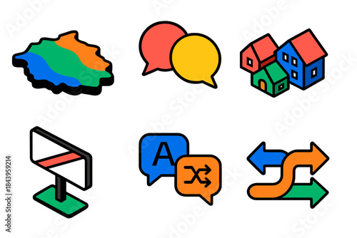 Dialect Continuums Map. Isometric vector illustration set Dialect Continuums: map with gradient zones, overlapping speech bubbles,