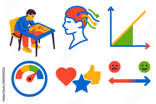 Optimal Challenge Visualization. Isometric vector illustration set Psychology of optimal challenge: student solving complex