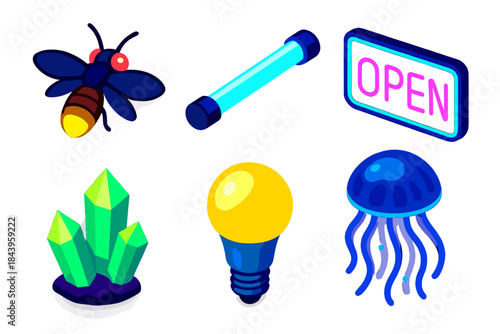 Luminous Wonders Icons. Isometric vector illustration set Luminescence Phenomena: glowing firefly, fluorescent tube, neon sign,