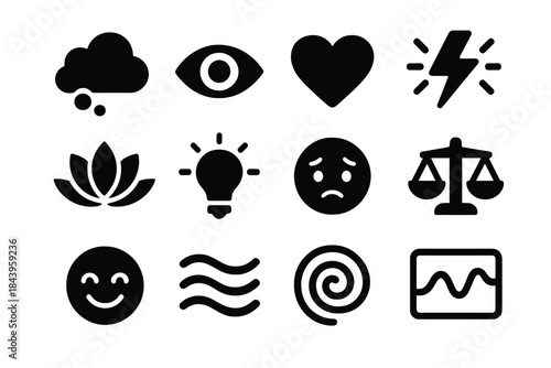 Mental State Icons. Solid style icons of mental states: dreaming cloud, focused eye, emotional heart, stress lightning, relaxed