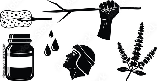 Silhouette vector set close up hand gripping arrow branch jar with lid drops profile head wearing headband looking up sponge on stick herb sprig flat icon