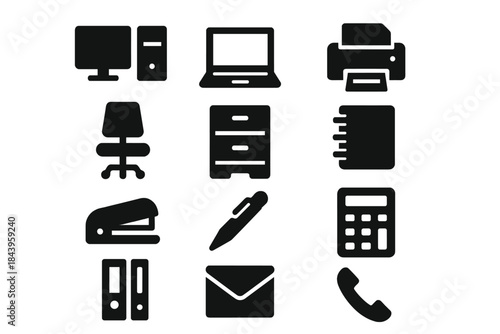 Office Equipment Icons. Solid style icons of Office work: desktop computer, laptop, printer, office chair, filing cabinet, notepad