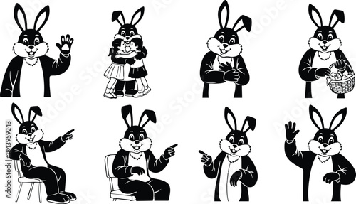 Vintage cartoon bunny character set eight poses black and white halftone vector sheet showing waving holding basket sitting pointing looking at camera front facing smiling
