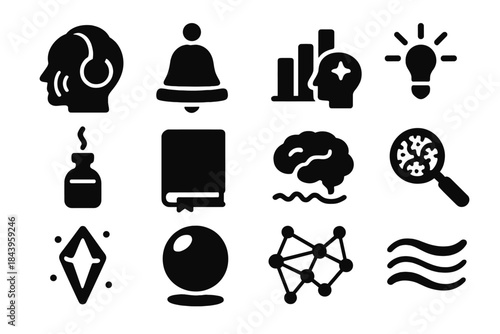 Mind-Expanding Icons. Solid style icons of Mind-expanding tools: guided audio, meditation bell, visualization chart, colored light