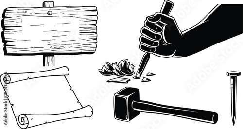 Line art close up hand carving wooden sign with chisel and mallet next to rolled parchment and nail studio isolated monochrome detailed wood grain texture illustration
