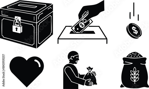 Flat design black silhouette civic and charity icons showing hand inserting banknote into locked ballot box person holding money bag heart and wheat sack isolated vector