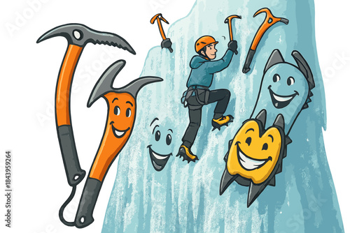 Smiling Ice Climb. Technical ice climb with smiling ice axes, grinning crampons, and climbers scaling a glittering frozen