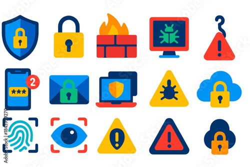 Cybersecurity Icon Set. Flat vector icons of cybersecurity: shield, padlock, firewall, antivirus software, two-factor
