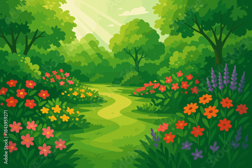 Lush Garden Illustration. Lush green vector illustration garden with vibrant flower beds and soft natural sunlight, serene and