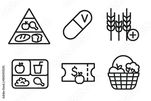Nutrition Line Icons. Line style icons of Nutrition and Access: food pyramid, vitamin symbol, fortified grains, school meal tray,