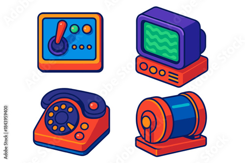 Futuristic Control Interfaces. Isometric vector illustration set Legacy Machine Interfaces: Control panel with toggle, blinking