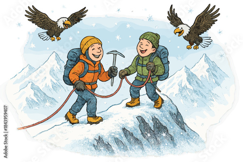 Joyful Mountain Climb. Snowy mountain ridge with cheerful climbers roped together, happy eagles circling, and sparkling snowflakes
