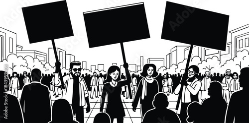 Line art high contrast illustration of urban protest crowd with three front placards held high two women looking at camera low angle dramatic composition bold silhouettes