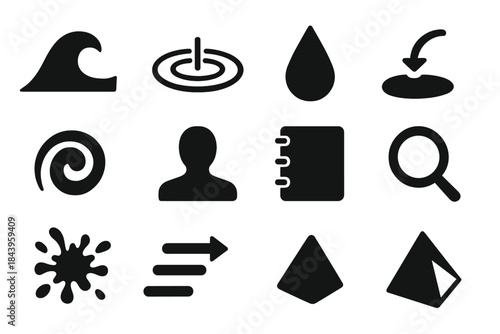 Hydrodynamic Icons Collection. Solid style icons of hydrodynamics and water interaction: wave, ripple, droplet, stone, arrow,