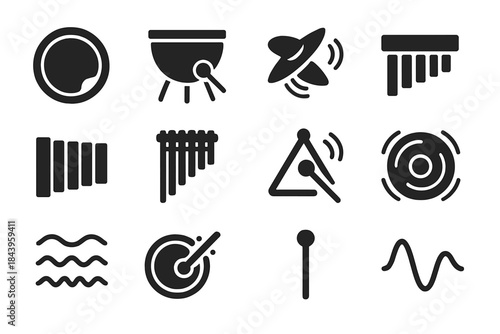 Percussion Instrument Icons. Solid style icons of percussion acoustics: drum membrane, timpani kettle, cymbal vibration, marimba