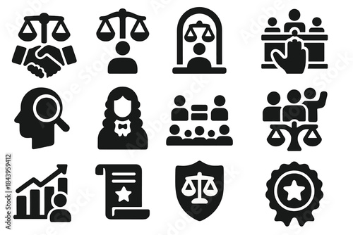 Legal System Trust Icons. Solid style icons of legal system trust: handshake with scales, fair trial symbol, open courtroom,