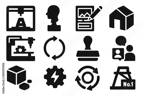 Prototyping Tools Icons. Solid style icons of prototyping and iteration: 3D printer, clay model, wireframe sketch, cardboard