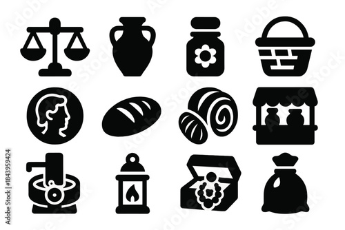 Ancient Market Icons. Solid style icons of Ancient Markets: weighing scale, clay amphora, spice jar, woven basket, bronze coin,