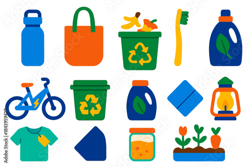 Eco Lifestyle Icons. Flat vector icons of eco lifestyle: reusable water bottle, tote bag, compost bin, bamboo toothbrush, electric