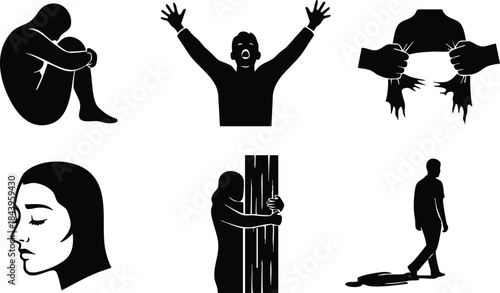 Minimal silhouette icon set showing six emotional human poses including curled up sitting person raised arms joyful fragmented head profile hugging pillar walking solitary shadow vector