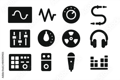 Sound Experiment Icons. Solid style icons of Sound Experiments: Oscillator, Waveform, Control Knob, Patch Cable, Mixer, Filter