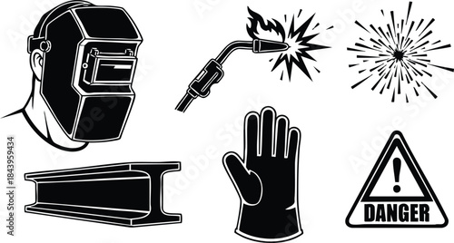 Flat design close up welding safety icons set showing helmet torch sparks glove clamp and danger triangle in monochrome high contrast vector illustration isolated stacked layout