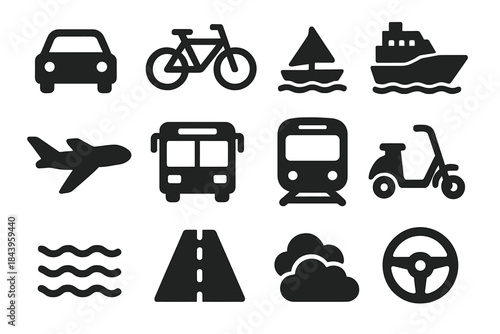 Vehicle Icon Set. Solid style icons of vehicles and motion contexts: car, bicycle, boat, ship, airplane, bus, train, scooter,