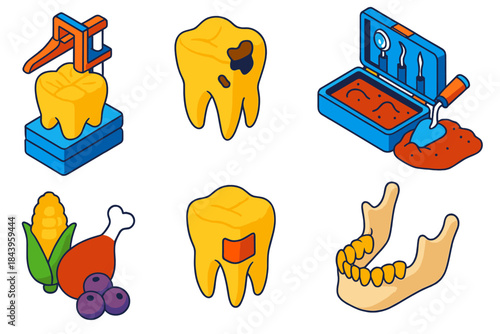 Ancient Dental Discovery. Isometric vector illustration set Paleopathology of dental health: molar wear analysis, cavities in