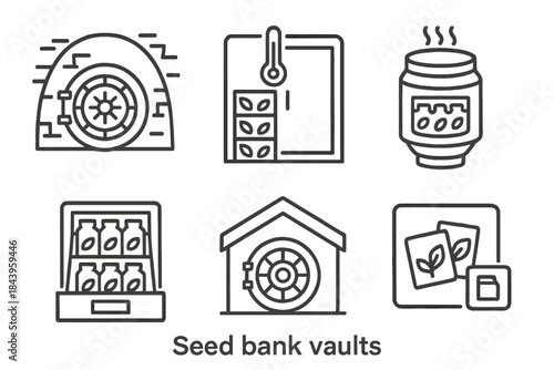 Seed Bank Icon Collection. Line style icons of Seed Bank Vaults: underground vault door, temperature-controlled room, cryogenic