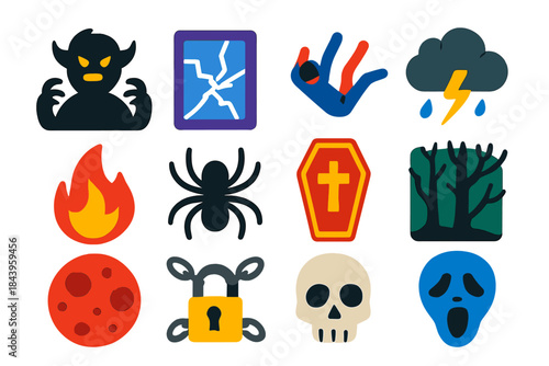 Nightmare Icon Set. Flat vector icons of Nightmares: monster silhouette, broken mirror, falling person, storm cloud, fire, spider,