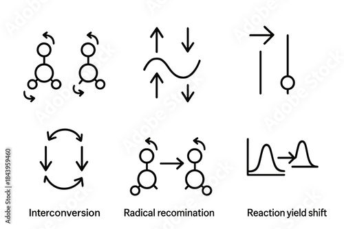 Radical Pair Icon Design. Line style icons of Radical Pair Mechanism: two unpaired electron molecules, spin coherence icon,
