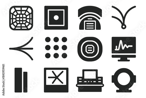 Collider Detector Icons. Solid style icons of collider detectors: tracking chamber, calorimeter block, muon detector, detector