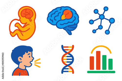 Biolinguistics Isometric Icons. Isometric vector illustration set Biolinguistics: developing brain, language regions highlighted,